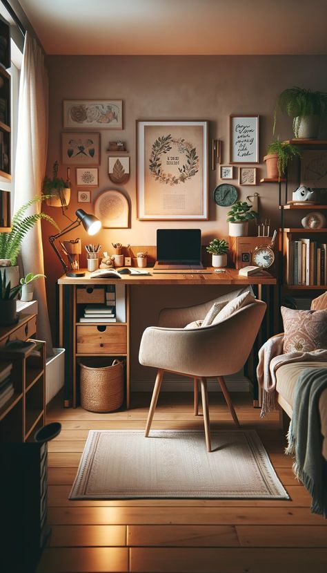 Home Office Nature Inspired, Above The Desk Wall Decor, Desk Setup Corner, Cozy Office Setup, Earthy Office Space, Small Cozy Office, Art Desk Setup, Desk Setup Workspace Inspiration, Cozy Study Space