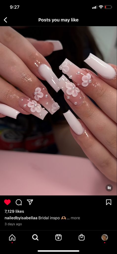 Ombré 3D Flowers acrylic nails Simple White Flower Nails, Acrylic Nails 3d Flowers, Nails 3d Flowers, Acrylic Nails 3d, Quinceanera Nails, Girly Acrylic, Milky Nails, Nails 3d, Graduation Nails