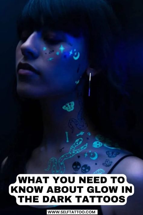 Glow in te dark tattoos have been around for ages. They could be the body art choice for you if you are looking for tattoo styles not of the traditional variety and want something that’s not especially visible. Tattoos Glow In The Dark, Uv Reactive Tattoos, Glow In The Dark Tattoo Ideas, Uv Light Tattoo, Dark Star Tattoo, Glitter Tattoo Ideas, Uv Tattoo Ideas, Blacklight Tattoo, Tattoo Glow In The Dark