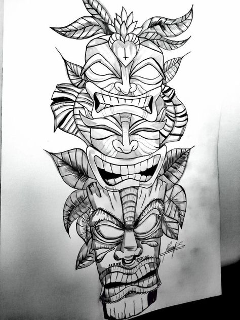 Tiki Tattoo Designs Tiki Leg Tattoo, Tiki Totem Tattoo, Ecuador Tattoo Ideas, Tiki Tattoo Hawaiian, Tiki Mask Tattoo, Tiki Tattoo Ideas, Tiki Maske, Tatoo 3d, Tiki Tattoo