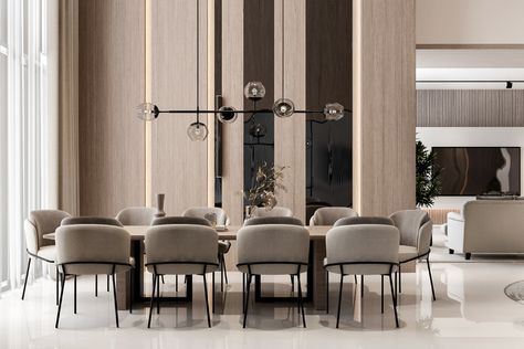 Minimal Modern villa Design on Behance Luxurious Modern Dining Room, Dining Luxury Modern, Beautiful Modern Dining Rooms, Dining Room Tropical Modern, Double Height Dining Room Modern, Behance Dining Room, Modern Luxury Dining Room Interiors, Dining Design Modern Luxury, Tropical Modern Dining Room