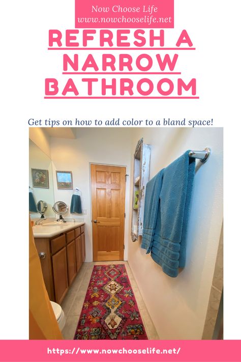 Get tips on refreshing a narrow bath to add color and whimsy! Long Narrow Bathroom Decor, Long Narrow Bathroom Ideas, Long Narrow Bathroom, Narrow Bathroom Designs, Guest Bathroom Decor, Narrow Bathroom, Bathroom Design Trends, Bathroom Guest, Small Closet Organization