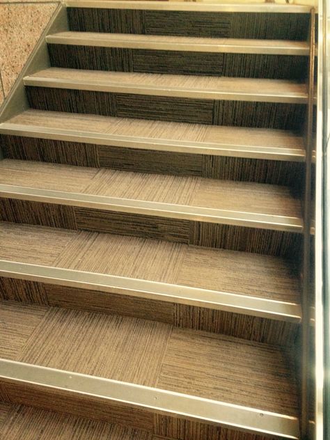 Interface carpet tile with stair nosing at our headquarters in LaGrange, GA Tiles On Stairs, Tiles For Stairs, Vinyl Stair Treads, Interface Carpet, Wood Railings For Stairs, Stairs Treads And Risers, Stair Railing Kits, Metal Stair Railing, Stair Posts