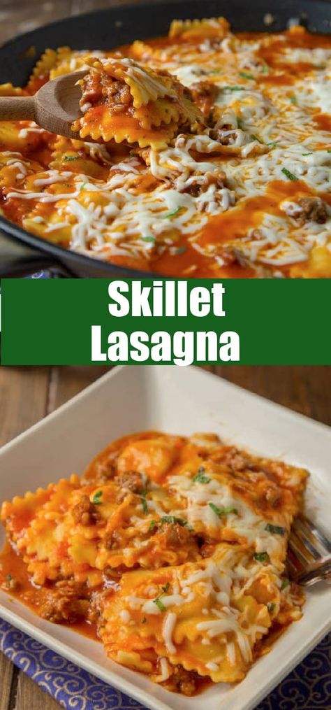 Quick and Easy Skillet Lasagna - Make lasagna perfect for a weeknight meal.  Ravioli makes this ready in less than 30 minutes, and pure comfort food everyone will love. Skillet Ravioli Lasagna, Easy Skillet Lasagna Recipe, Skillet Ravioli, Skillet Lasagna, Beef Meals, Dinner Favorites, Friends Recipes, Easy Weekday Meals, Iron Recipes