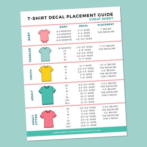 Free t-shirt decal placement guide Cricut Shirt Size Guide, Cricut Vinyl T Shirt Ideas, Embroidery Placement On Shirt, Tshirt Sizing Chart For Vinyl, Cricut Sizes For Shirts, Cricut Shirt Placement Guide, Tshirt Decal Sizing, Shirt Guide For Vinyl, Design Sizes For T Shirts