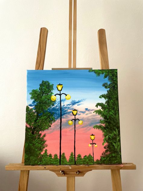 90s Canvas Painting Ideas, Senary Drawing Painting, Park Painting Ideas, Paiting Aesthetic Easy, Polychromatic Painting, Paintings Ideas Aesthetic, Aethstetic Painting, Things To Paint On Small Canvas, City Painting Easy