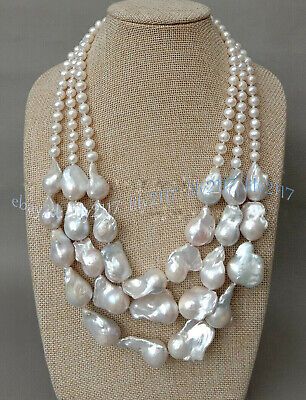 Premium Quality 3 Rows Natural White Freshwater Pearl Huge Keshi Baroque Pearl Necklace 17-19'', Fashion Jewelry Pearl Necklace For Wedding, Big Pearl Jewelry, Colored Pearl Necklace, Unique Pearl Jewelry, Baroque Pearls Necklace, Big Pearl Necklace, Baroque Pearls Jewelry, Large Pearl Necklace, White Pearl Jewelry