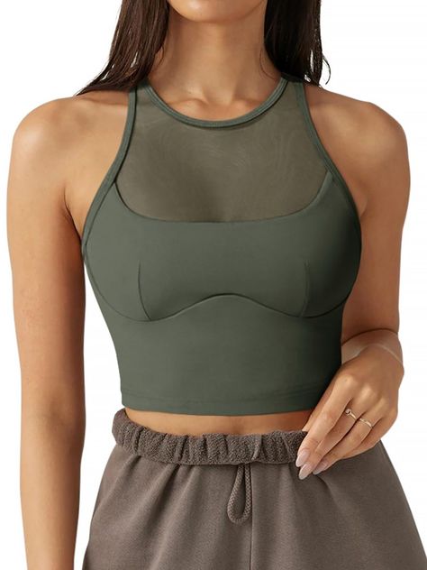 PRICES MAY VARY. [Premium Material] - This longline sports bra is made of professional sports fabrics, 69% Nylon and 31% Spandex, buttery soft, super breathable, sweat-wicking and quick-drying. [Tank Tops with Built in Bra] - The high neck sports bras come with built in bra which is removable. High elasticity widened hem provides support for your chest while showing off your attractive curves. [Special Design] - This mesh wirefree workout sports bra is a fashion-forward and elegant choice that e Best Basics For Women, Tops For Small Chest, Workout Capsule Wardrobe, Sports Fabrics, Gym Bunny, Stylish Workout Clothes, Athletic Attire, Art Goals, Back Yoga