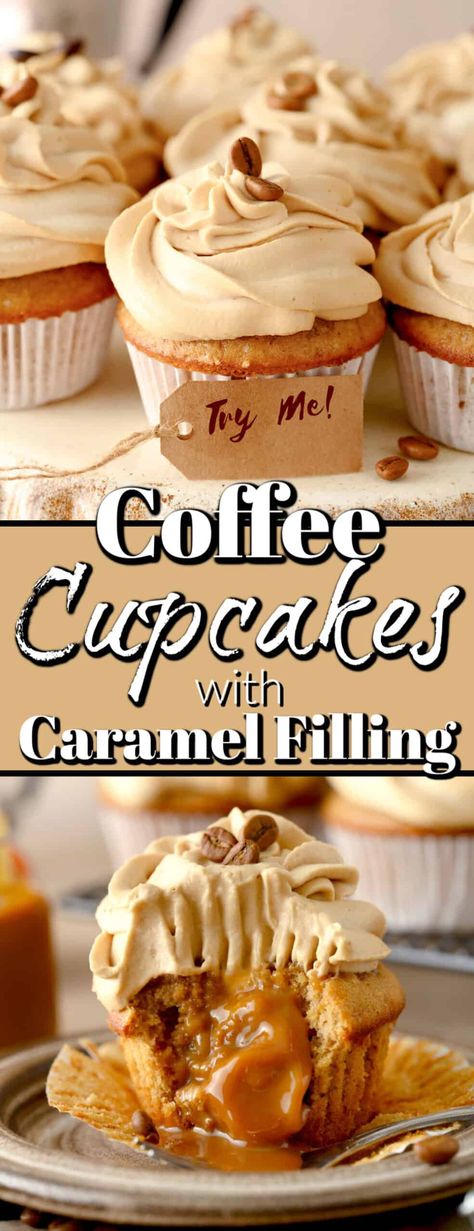 Coffee Cupcakes with Caramel Filling are at the top of the cupcake world for deliciousness. Light coffee-flavored cupcakes have an ooey gooey center and a light-as-air whipped cream icing. Perfect for any time of the day. Cream Filled Donut Recipe, Filled Donut Recipe, Box Cupcakes, Salted Caramel Recipes, Salted Caramels, Salted Carmel, Salted Caramel Cupcakes, Cupcakes Filled, Moist Cupcakes