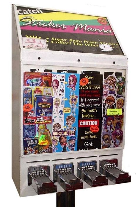 Sticker Vending Machine Vending Machine Ideas, 2000s Art, Nostalgic Memories, Old Commercials, Sticker Machine, Unique Breakfasts, 2000s Nostalgia, Game Boards, Good Day Song