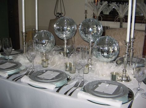 Feathers And Disco Balls, Disco Ball Centerpieces, Soul Train Party, Holiday Luncheon, Disco Christmas, Disco Theme Party, 70's Party, Pink Centerpieces, Feather Boas