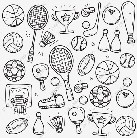 Tennis Doodle Art, Sports Doodle Art, Badminton Drawing Easy, Sports Equipment Drawing, Doodle Volleyball, Badminton Drawing Sketch, Football S, Badminton Racket Drawing, Badminton Doodle