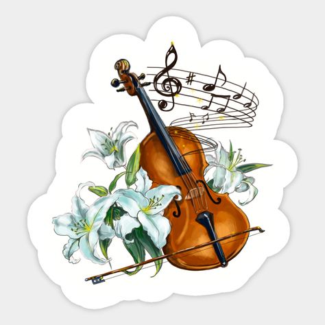 Violin With Flowers, Violin Stickers, Violin Drawing, Beautiful Lilies, Classic Stickers, Violin Art, Page Decoration, Cute Bunny Cartoon, Art Jewelry Design