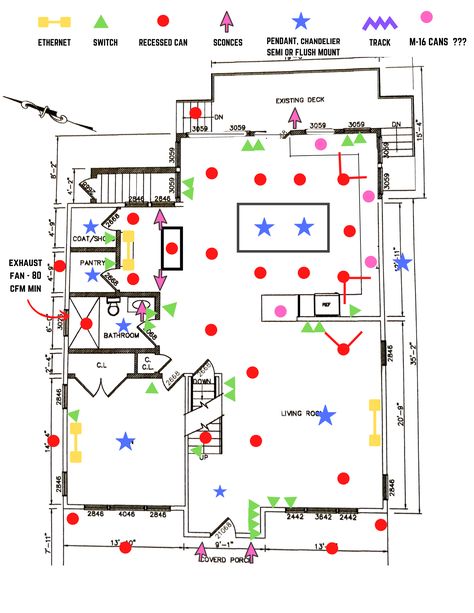 Recessed Lights Can Ruin Your Lighting Layout, and Here's Why... Canned Lighting In Living Room Layout, Recessed Lighting And Ceiling Fan, Kitchen Lighting Plans Layout, Recessed Spotlights Ceiling Living Rooms, Bedroom Light Placement, Living Room Can Lights Layout, Lighting In New Build, Lighting Layout Floor Plans, Recessed Lighting Placement Bedroom