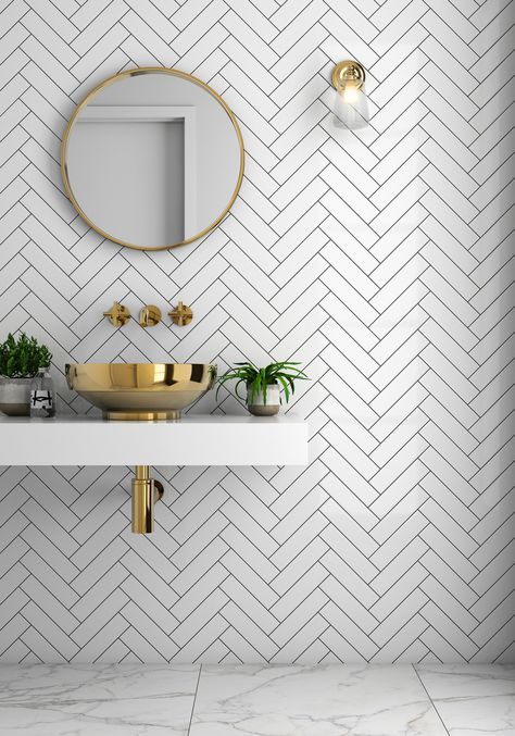 Bathroom Ceramics, Herringbone Tiles, Cheap Bathroom Remodel, Chevron Tile, Virginia House, Brass Sink, Bathroom Design Trends, Cheap Bathrooms, Herringbone Tile