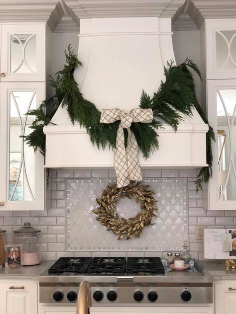 Wreath Above Sink, Wreath On Oven Hood, Oven Hood Christmas Decor, Range Hood Christmas Decor, Wreath On Hood Vent, Garland In Kitchen, Oven Hood, Kitchen Wreath, Above Sink