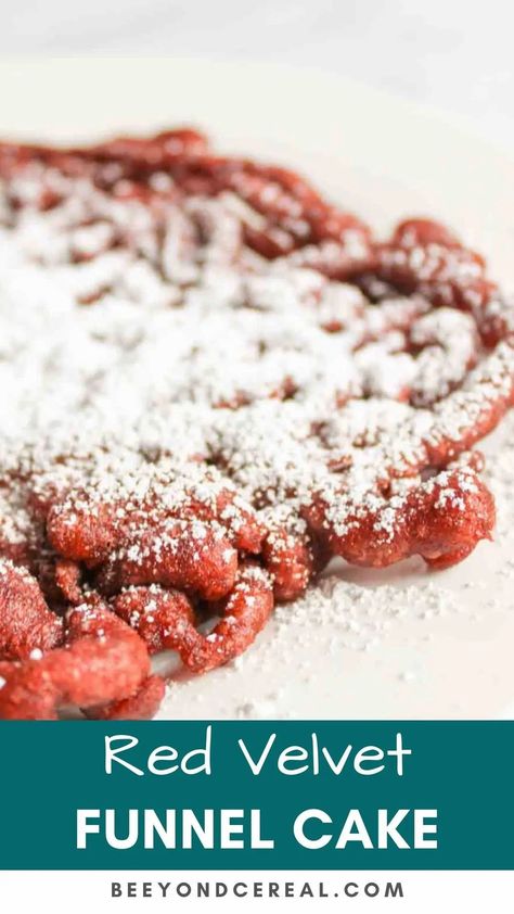 red velvet funnel cakes are a fun twist on a classic treat. Stay home and avoid fair crowds with this easy funnel cake recipe. Using pancake mix as the base, every bite is tangy, sweet, chocolatey and so delicious. Especially when served with a dusting of powdered sugar on top. Red Velvet Funnel Cake Recipe, Cake Mix Funnel Cake Recipe, Red Velvet Funnel Cake, Rv Snacks, Funnel Cake Batter, Funnel Cake Recipe Easy, Cake Batter Recipes, Easy Red Velvet, Fair Foods