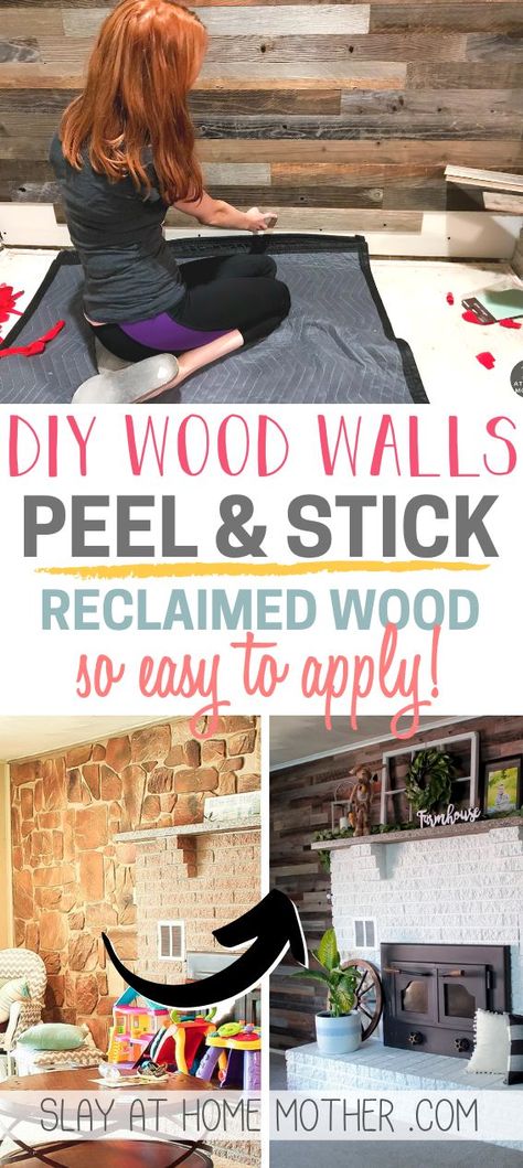 Reclaimed Decor, Wood Wall Covering, Stick On Wood Wall, Faux Wood Wall, Reclaimed Wood Accent Wall, Diy Wood Wall, Wood Wall Design, Peel And Stick Wood, Fake Wood