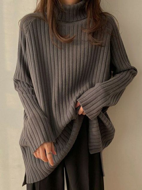 Casual Long Sleeves Loose Split-Side Solid Color High-Neck Sweater Tops GRAY-One_size #fashion #aesthetic #2023 Winter Sweater Dresses, Winter Typ, Long Knit Sweater, Sweater Tops, Black Jumper, Ladies Turtleneck Sweaters, Knit Bottom, High Neck Sweater, Womens Turtleneck