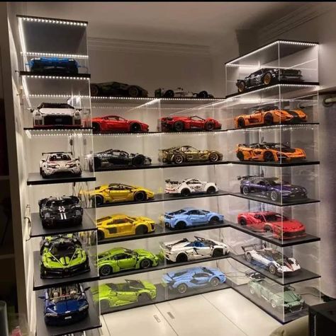 Lego Display Ideas, Lego Room Decor, Diecast Cars Display, Hot Wheels Room, Lego Display, Cars Room, Lego Creative, Lego Room, Gaming Room Setup