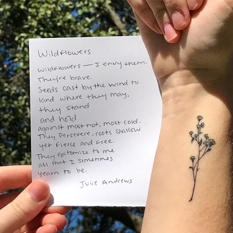 My wonderful Wildflower wrist tattoo. Minimalist Rose Tattoo, Tiki Tattoo, Tattoo Dotwork, Wildflower Tattoo, E Tattoo, 문신 디자인, Little Tattoos, Piercing Tattoo, Tattoo Stickers