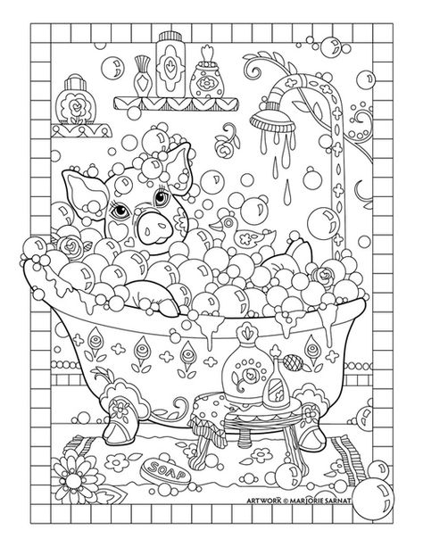 piggy bath - 01 A Coloring Page, Pampered Pets, Adult Colouring Pages, Free Adult Coloring Pages, Colouring Pics, Colouring Printables, Adult Coloring Book Pages, Coloring Pages To Print, Mandala Coloring Pages