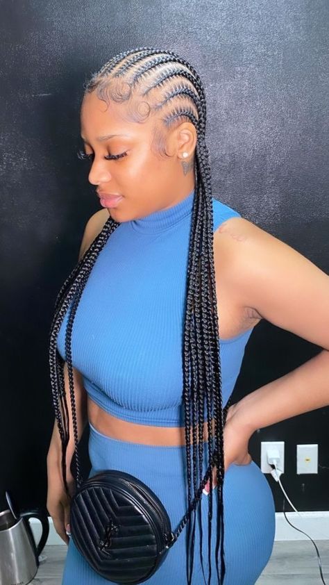 Stitch Braids With Curls At The End, Cornrows Braids With Curls, Stitch Braids Black Women, Stitch Braid Styles, Holiday Hairstyles For Black Women, Stitch Braids With Curls, Stitch Braids Cornrows, Cornrow Ideas, Straight Back Braids