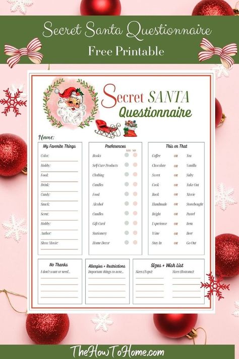 Add a dash of mystery to your holiday gift exchange with this Free Secret Santa Questionnaire! Perfect for office parties and festive gatherings. Plus, discover more holiday printables like the 2023 Hallmark Christmas Movies List and Classic Christmas Movie Checklist. Download now and make this holiday season unforgettable! Secret Santa Questionnaire Free Printable, Free Secret Santa Questionnaire, Christmas Gift Questionnaire, Free Secret Santa, Secret Santa Questionnaire Printable, Printable Secret Santa Questionnaire, Secret Santa Questions, Secret Santa Templates, Secret Santa Form