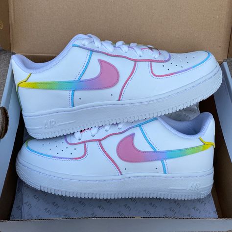 @moodsick_ 🤍 www.moodsick.etsy.com #nikeairforce1 #custom Rainbow Nikes, Rave Shoes, White Nike Air Force 1, White Nike Air Force, Painted Shoes Diy, Air Force 1 Sneakers, Water Rain, White Nike Air, Rainbow Sneakers