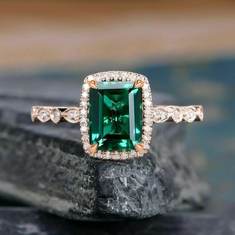 Emerald Engagement Ring Diamond, Green Wedding Rings, May Art, Halo Engagement Ring Emerald, Vintage Halo, Emerald Cut Engagement, Silver Engagement Ring, Stackable Wedding Bands, Engagement Ring Diamond