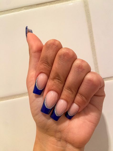 Dark Royal Blue French Tip Nails, Royal Blue Nails Designs Short Gel, Navy Blue Squoval Nails, Blue Nails Acrylic Prom, Short Nail Designs Blue French Tips, Navy Blue Nails Coffin Short, Nail Ideas For Blue Prom Dress, Navy Nails For Prom, White And Navy Nails Acrylic