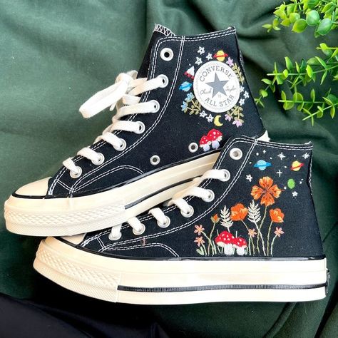 Custom Converse High Tops/Flower Converse/Mushroom Shoes/Embroidered Mushroom Flowers And The Sky/Embroidered Chuck Taylor 1970s/Gift Her Cool Converse High Tops, Converse Mushroom, Mushroom Shoes, Custom Converse High Tops, Flower Converse, Embroidered Shoes Converse, Converse Collection, Cool Converse, Converse Design