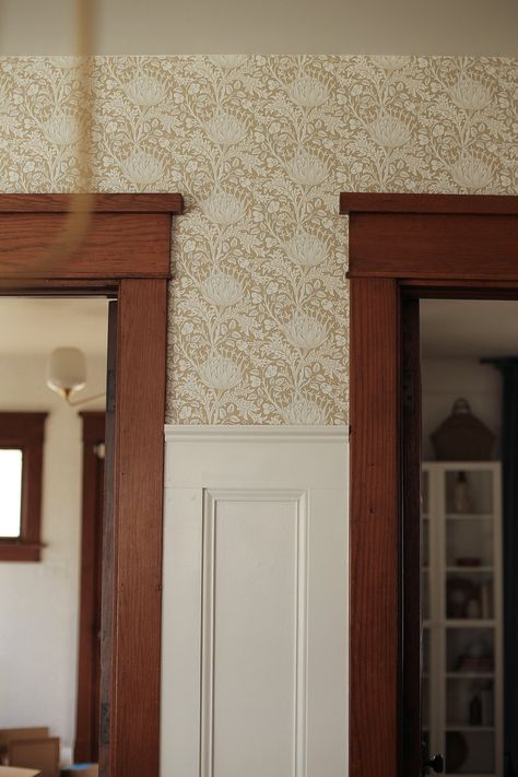 Dining Room Refresh & An Update — KINDRED HOMESTEAD Wood Trim Wallpaper, Walnut Board And Batten Wall, Painted Wood Paneling Hallway, Wallpaper And Wood Trim, Wood Paneling With Wallpaper, Wall Panelling And Wallpaper, Kitchen With Paneling, Wallpaper With Wood Trim, Bathroom With Wood Trim