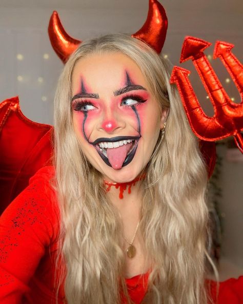 Cute Cat Makeup Looks, Makeup For Devil Costume, Easy Halloween Makeup Devil, Girl Devil Makeup, Easy Devil Makeup Halloween, Halloween Devil Make Up, Devil Make Up Halloween Easy, Makeup Diable, Devil Hairstyles Halloween