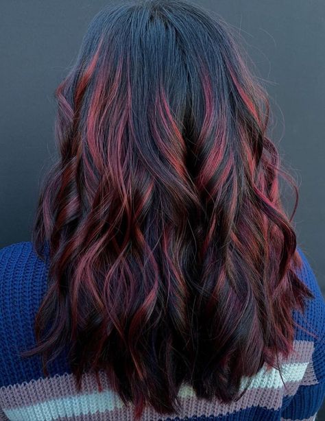 50 New Red Hair Ideas & Red Color Trends for 2020 - Hair Adviser Long Brown Hair Red Highlights, Dark Hair With Red Highlights, Red Highlights On Black Hair, Pinkish Brown Hair, Pinkish Red Hair, Hair Ideas Red, Red Hair Streaks, Black Hair With Red Highlights, Red Highlights In Brown Hair