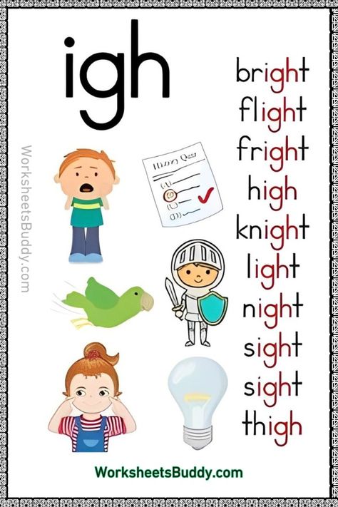 IGH Word Family Worksheets For Kindergarten Kids Phonics, Family Words, Family Worksheets, Phonics Posters, Word Family Worksheets, Learning Phonics, Kindergarten Reading Activities, Grammar For Kids, Phonics Rules