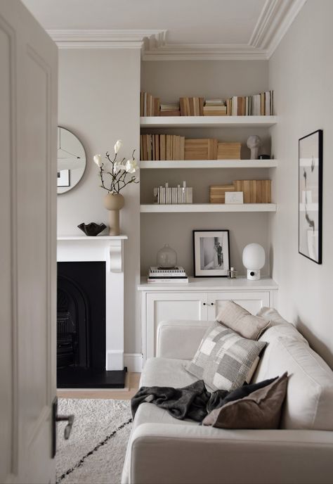 Front Rooms With Fireplace, Shelves In Living Room Alcove, British Style Interior Living Room, Alcove Styling Living Room, Contemporary Alcove Shelving, Victorian Living Room Sofas, Living Room British Style, Beige Living Room Fireplace, Neutral Living Room Shelves