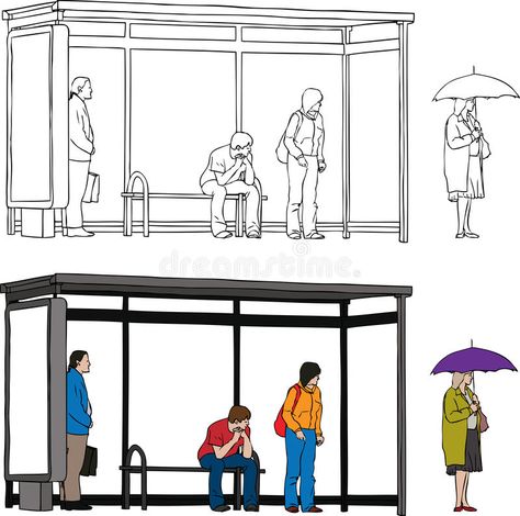 Bus stop. Vector sketch of bus stop with blank billboard and people waiting #Sponsored , #Ad, #Sponsored, #Vector, #Bus, #people, #sketch Waiting Illustration, Scene Outline, Vector Bus, Tractor Silhouette, Blank Billboard, Tiger Vector, Airplane Vector, Business Logo Inspiration, Globe Vector