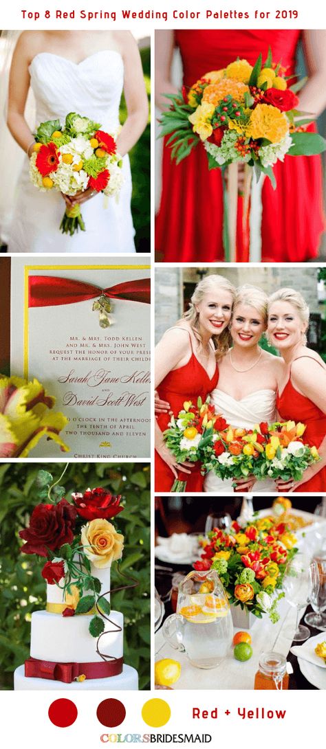 Top 8 Red Spring Wedding Color Palettes for 2019 -No.2 Red and Yellow #colsbm #bridesmaids #weddings #weddingideas #springwedding b616 Red Spring Wedding, Rose Pink Bridesmaid Dresses, Spring Wedding Bridesmaids, Wedding Color Schemes Spring, Spring Wedding Color Palette, Wedding Color Palettes, Wedding Colors Red, White Bridal Gown, Coral Bridesmaid Dresses