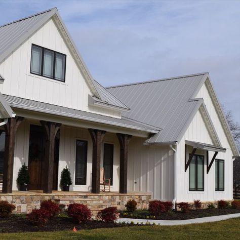 White Board And Batten Exterior With Stone, White Board And Batten Exterior Ranch, Board And Batten Siding With Stone, Vinyl Board And Batten Siding, White Board And Batten Exterior, Stone Front Porch, White Board And Batten, Siding Colors For Houses, Front Porch Stone