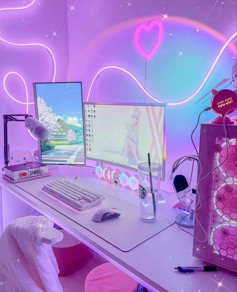 Girly Gaming Aesthetic, Feminine Gaming Setup, Starter Gaming Setup, Female Gamer Setup, Korean Gaming Room, Neon Gaming Setup, Light Pink Gaming Setup, Girly Computer Desk Setup, Girly Gaming Setup Aesthetic