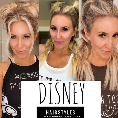 Hairstyles Mickey Ears, Hairstyles For Family Photos Mom, How To Style Hair With Disney Ears, Best Theme Park Hairstyles, Hairstyles For Minnie Mouse Ears, Cute Updos For Disney, Park Hairstyles Amusement, Disney Mom Hairstyles, Amusement Park Updo