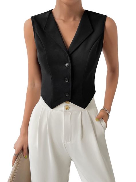 Female Suit Vest Outfits, Black Vest Outfits For Women, Black Vest Outfit, Sleeveless Blazer Vest, Vest Outfits For Women, Plain Vest, Vest Tops Women, Waistcoat Woman, Women Vest