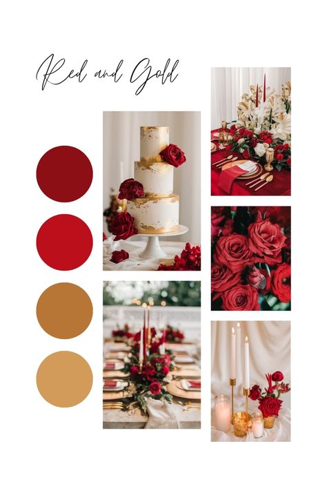 Red and gold wedding decor with roses and candles. Red White And Gold Color Palette, Wedding Decorations Red And Gold, Wedding Ideas Red And Gold, Red And Rose Gold Wedding, Gold Wedding Palette, Champagne And Red Wedding, Red And Gold Color Palette, Navy And Sage, Red And Gold Wedding