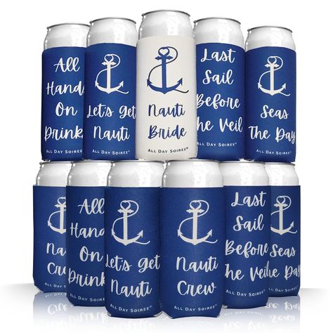 PRICES MAY VARY. Bride's Last Splash - Dress up your drink with these nautical can coolers, take selfies, and enjoy the ice-cold drink with your best friends. These super cute beach bachelorette party decorations make a special addition to your bachelorette and would make your party a memorable experience. Built To Last - Our coozies have been tested to endure the elements like the blistering temperatures of hot yoga, splash damage from brunch and have survived even the wildest of pregames. No B Let’s Get Nauti Bachelorette, Nauti Bachelorette Party, Get Nauti Bachelorette, Beach Bachelorette Party Decorations, Bachelorette Party Koozies, Nauti Bride, Nautical Bachelorette Party, Nautical Bachelorette, Last Toast On The Coast