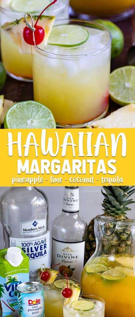 Hawaiian Margaritas are a tropical pineapple margarita with coconut! Just a few ingredients makes these easy cocktails perfect for margarita lovers. Tropical Margarita Recipe, Coconut Tequila, Party Beverages, Easy Alcoholic Drinks, Pineapple Margarita, Jello Shot, Alcohol Drinks, Tropical Drink, Easy Cocktails