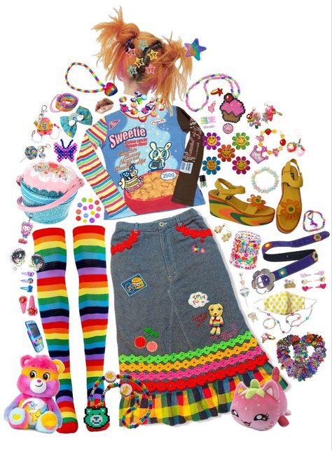 Kidcore Outfit Skirt, Lisa Frank Outfit Aesthetic, Pixielocks House, Chi Core Aesthetic, Decora Outfit Ideas, Lisa Frank Outfit Ideas, Decora Aesthetic Outfits, Trinketcore Outfit, Rainbow Core Outfit