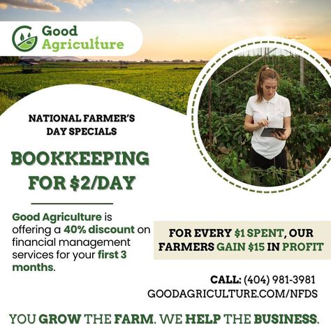 Hey farmers 👋🏼 We're getting to know the team at Good Agriculture and wanted to share their National Farmers Day promotion - a 40% discount on 3 months of their financial management services - available through October 12. Good Agriculture provides bookkeeping services tailored to farm businesses at three different levels. If you're actively selling and have been considering hiring a bookkeeping service, then this may be a great opportunity for you to try it out! They can work with your exis... National Farmers Day, Farmers Day, Farm Business, Bookkeeping Services, We're Hiring, Financial Management, Getting To Know, Agriculture, 3 Months