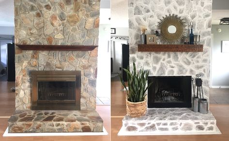 Stone Fireplace Makeover. White washed rustic stone fireplace makeover. Our old 80's fireplace gets a makeover! Whitewash Stone Fireplace, Painted Stone Fireplace, White Wash Fireplace, Rustic Stone Fireplace, Stone Fireplace Makeover, Fireplace Redo, Fireplace Update, Old Fireplace, Rock Fireplaces