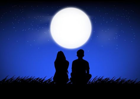 Couples Sitting On Beach At Night, Couple Moon Painting, Couple Sitting Silhouette, Boy Looking At Girl With Love, Couple Shilloute, Man And Woman Silhouette Couple, Couple Watching Moon, Couple Silhouette Painting, Couple Images Art